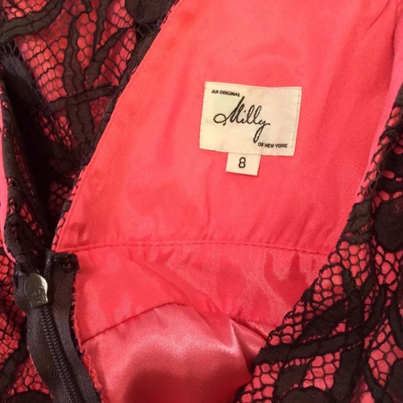 MILLY of New York Lace overlay Dress Floral Pink Brown V-Neck Empire Waist Shift - Picture 8 of 11